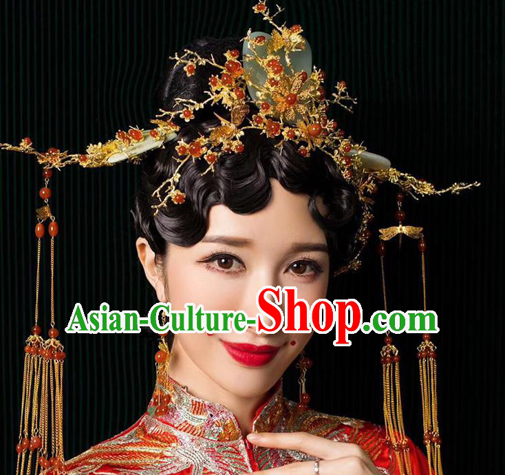 Chinese Ancient Handmade Jade Phoenix Coronet Traditional Xiuhe Suit Hairpins Hair Accessories for Women