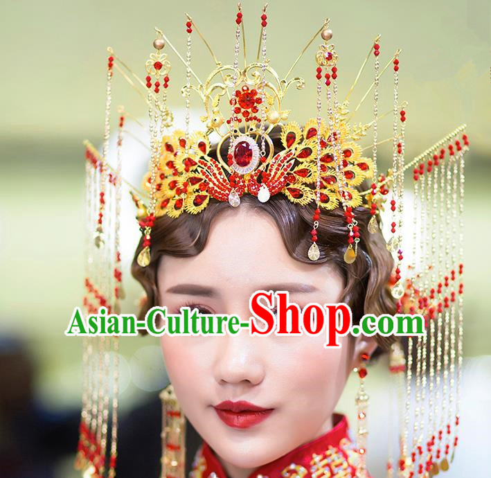 Chinese Ancient Handmade Hair Accessories Bride Phoenix Coronet Traditional Hairpins Complete Set for Women