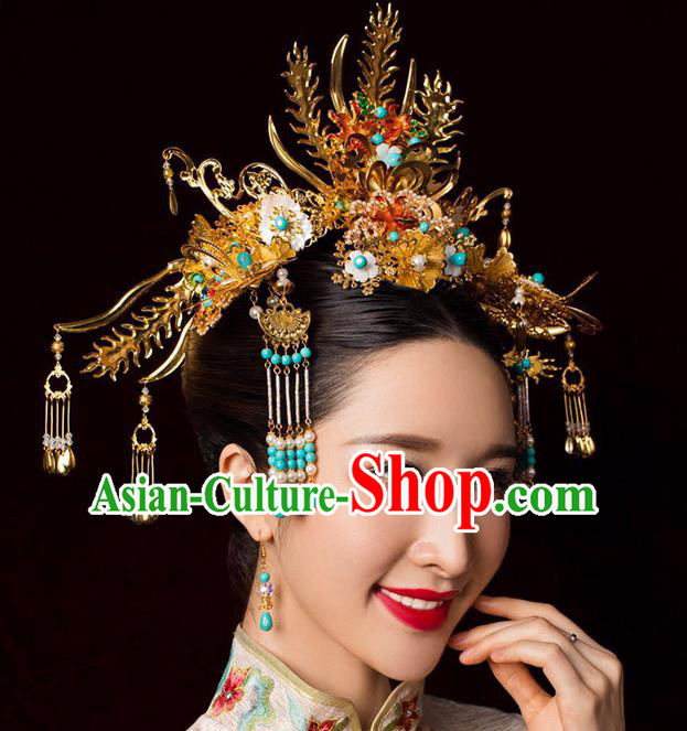 Chinese Ancient Handmade Bride Phoenix Coronet Traditional Xiuhe Suit Hairpins Hair Accessories for Women
