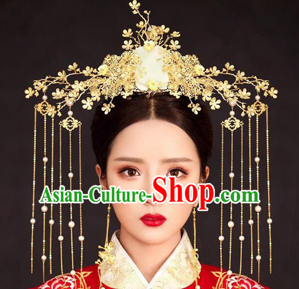 Chinese Ancient Handmade Jade Phoenix Coronet Traditional Xiuhe Suit Hairpins Hair Accessories for Women