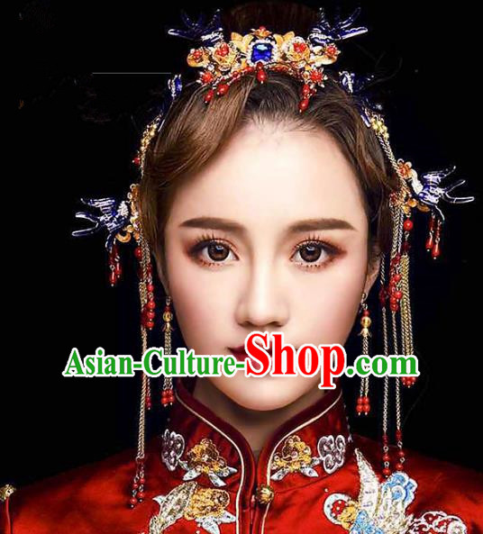 Chinese Ancient Handmade Palace Hair Accessories Cloisonne Tassel Hair Clips Traditional Hairpins Complete Set for Women