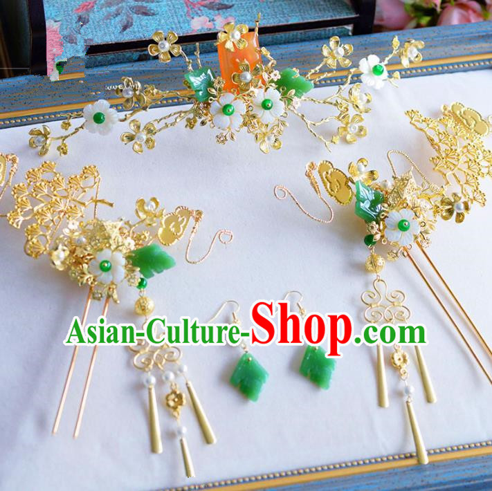 Chinese Ancient Handmade Palace Traditional Jade Hair Accessories Xiuhe Suit Golden Hairpins Complete Set for Women