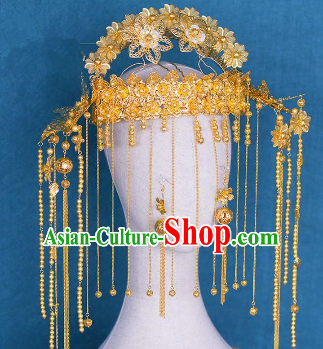 Chinese Ancient Handmade Palace Traditional Golden Phoenix Coronet Hair Accessories Xiuhe Suit Hairpins for Women