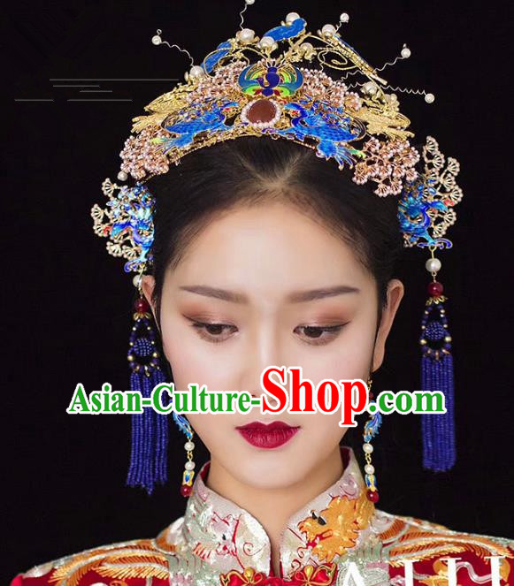 Chinese Ancient Handmade Palace Traditional Cloisonne Phoenix Coronet Hair Accessories Xiuhe Suit Hairpins for Women