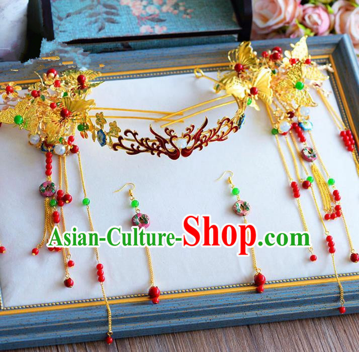 Chinese Ancient Handmade Palace Tassel Step Shake Traditional Hair Accessories Xiuhe Suit Hairpins for Women