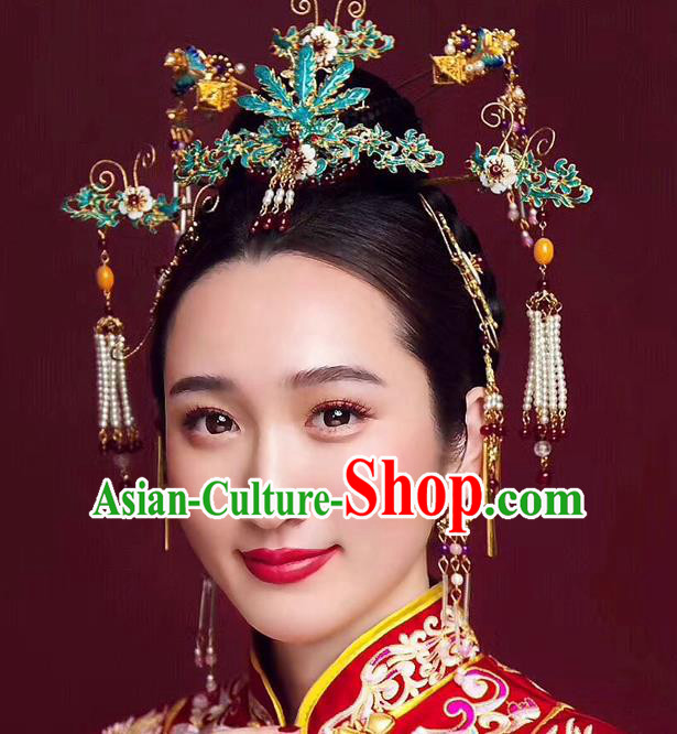 Chinese Ancient Handmade Palace Cloisonne Tassel Step Shake Traditional Hair Accessories Xiuhe Suit Hairpins for Women