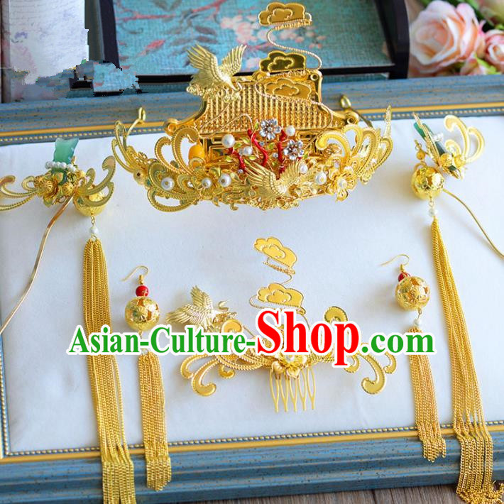 Chinese Ancient Handmade Palace Golden Hair Clips Traditional Hair Accessories Xiuhe Suit Hairpins for Women