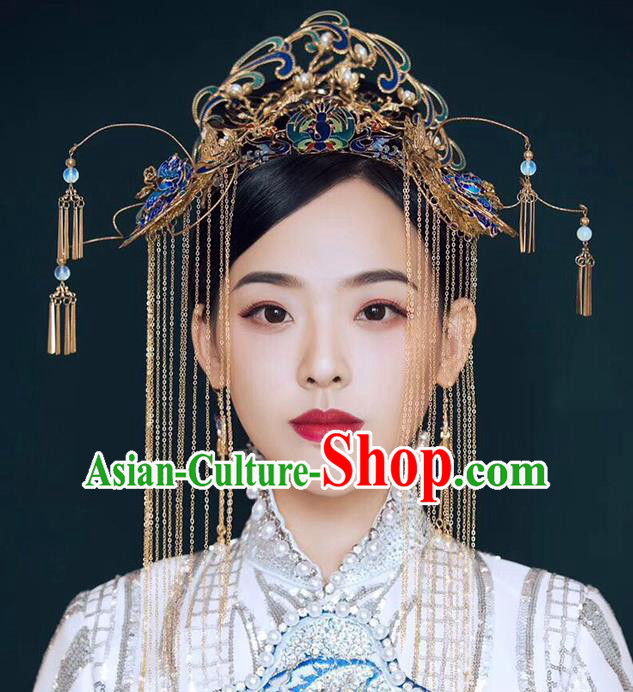 Chinese Ancient Handmade Cloisonne Phoenix Coronet Hair Clips Traditional Hair Accessories Xiuhe Suit Hairpins for Women