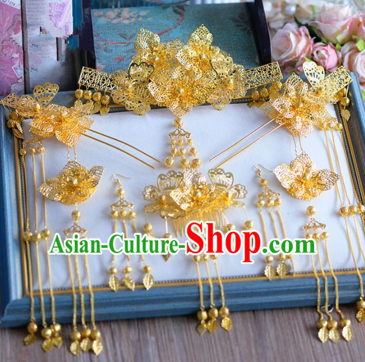 Chinese Ancient Handmade Golden Hair Clips Traditional Hair Accessories Xiuhe Suit Hairpins for Women