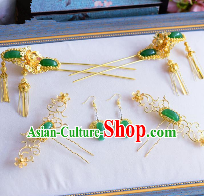 Chinese Ancient Handmade Palace Jade Hair Clips Traditional Hair Accessories Xiuhe Suit Hairpins for Women