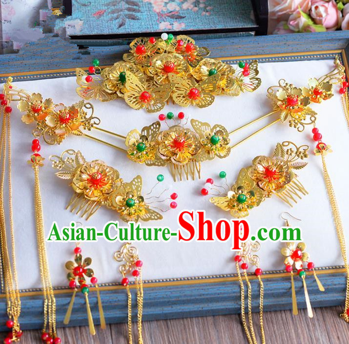 Chinese Ancient Handmade Golden Hair Combs Traditional Hair Accessories Xiuhe Suit Hairpins for Women