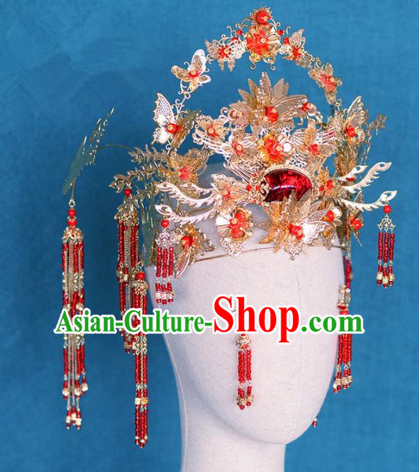 Ancient Chinese Handmade Red Crystal Phoenix Coronet Traditional Hair Accessories Xiuhe Suit Hairpins for Women