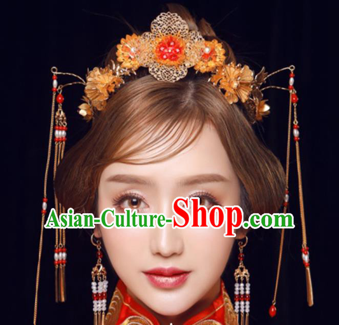 Ancient Chinese Handmade Tassel Phoenix Coronet Traditional Hair Accessories Xiuhe Suit Hairpins for Women