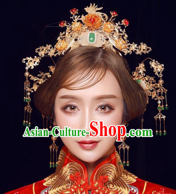 Ancient Chinese Handmade Jade Phoenix Coronet Traditional Hair Accessories Xiuhe Suit Hairpins for Women