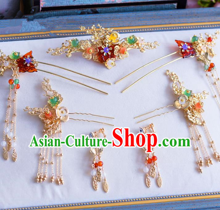 Chinese Ancient Handmade Palace Tassel Step Shake Traditional Hair Accessories Xiuhe Suit Hairpins for Women