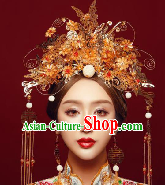 Ancient Chinese Handmade Golden Butterfly Phoenix Coronet Traditional Hair Accessories Xiuhe Suit Hairpins for Women