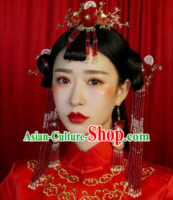 Ancient Chinese Handmade Traditional Hair Accessories Red Beads Hair Clips Xiuhe Suit Hairpins for Women