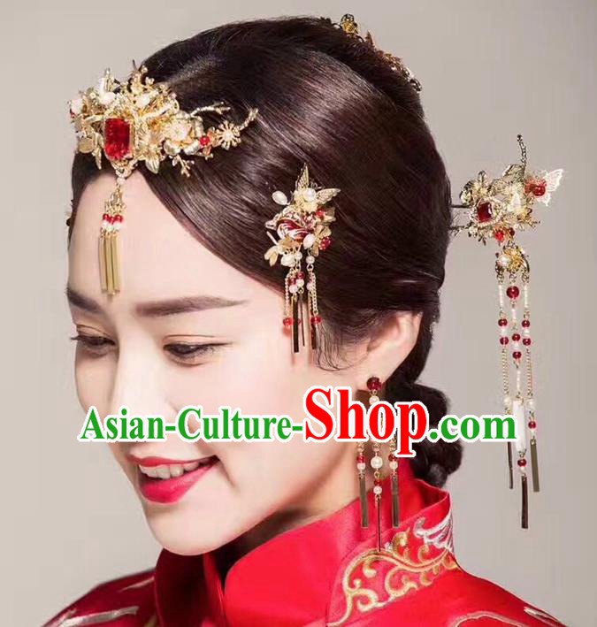 Ancient Chinese Handmade Traditional Hair Accessories Pearls Hair Clips Xiuhe Suit Hairpins for Women