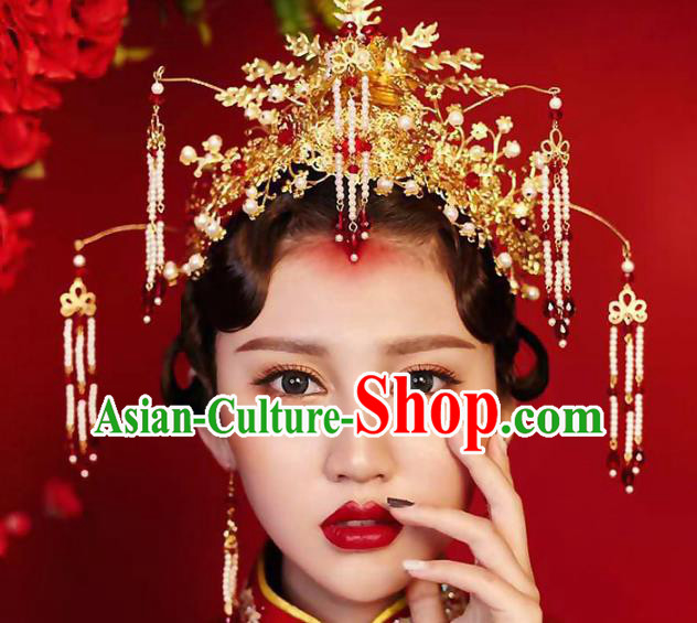 Ancient Chinese Handmade Traditional Hair Accessories Pearls Tassel Phoenix Coronet Xiuhe Suit Hairpins for Women