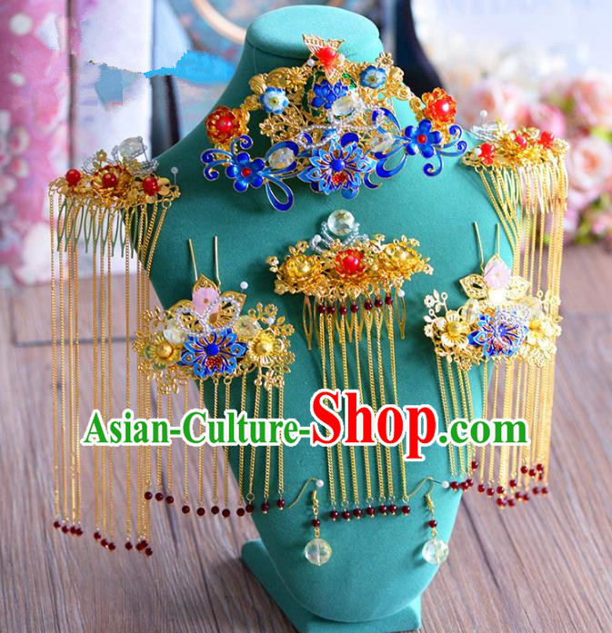 Ancient Chinese Handmade Traditional Hair Accessories Hairpins Blueing Phoenix Coronet Complete Set for Women