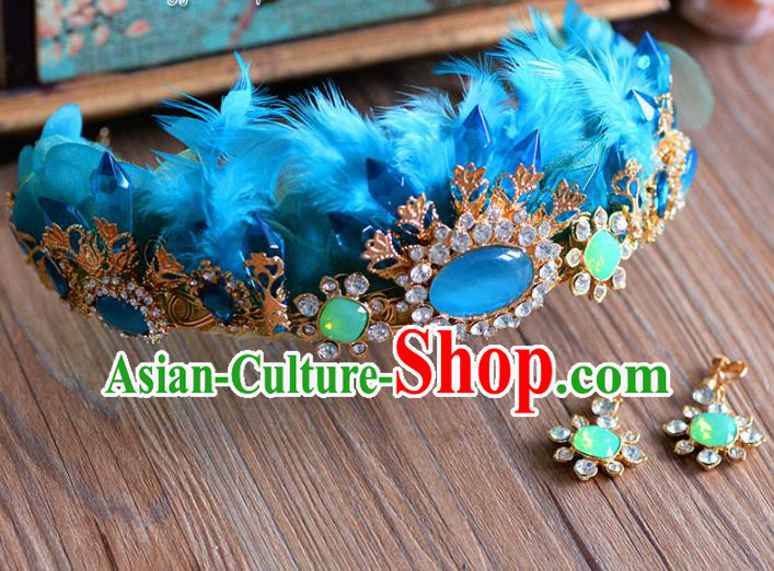 Top Grade Handmade Baroque Hair Accessories Princess Blue Feather Royal Crown Headwear for Women