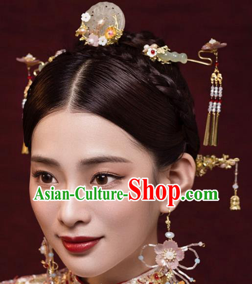 Ancient Chinese Handmade Classical Hair Accessories Jade Hair Comb Xiuhe Suit Hairpins Complete Set for Women