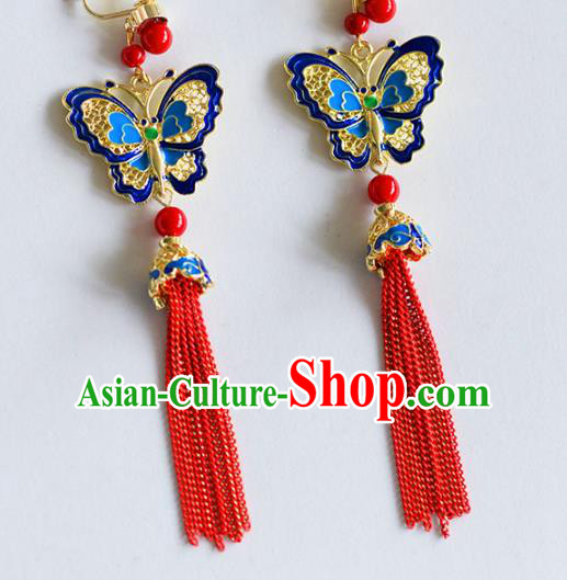 Top Grade Chinese Handmade Wedding Blue Butterfly Tassel Earrings Accessories Bride Eardrop for Women