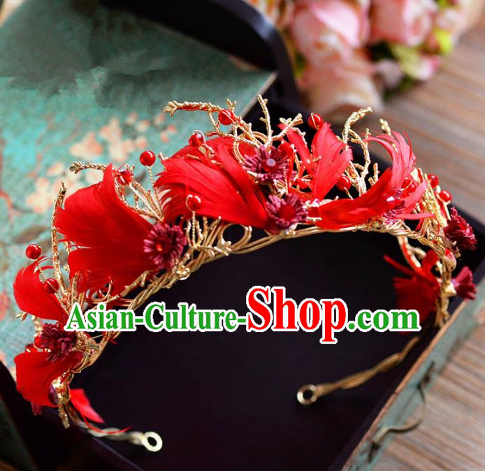 Top Grade Handmade Hair Accessories Baroque Red Feather Royal Crown Headwear for Women