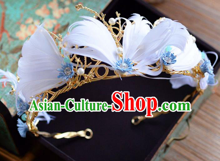 Top Grade Handmade Hair Accessories Baroque White Feather Royal Crown Headwear for Women
