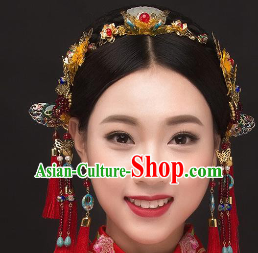 Ancient Chinese Handmade Classical Hair Accessories Palace Red Tassel Phoenix Coronet Jade Hairpins Complete Set for Women