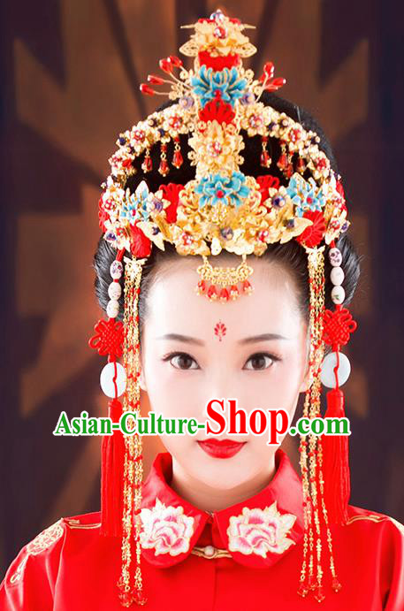 Ancient Chinese Handmade Classical Hair Accessories Palace Bride Tassel Phoenix Coronet Hairpins Complete Set for Women
