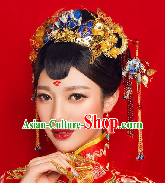Ancient Chinese Handmade Classical Hair Accessories Palace Bride Blueing Lotus Phoenix Coronet Hairpins Complete Set for Women
