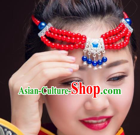 Traditional Chinese Mongol Nationality Dance Hair Accessories, Mongolian Minority Red Beads Tassel Headwear for Women