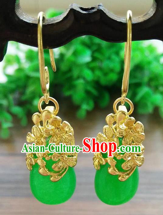 Top Grade Chinese Handmade Wedding Accessories Brass Eardrop Hanfu Green Jade Earrings for Women