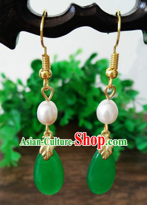 Top Grade Chinese Handmade Wedding Accessories Jadeite Jade Eardrop Hanfu Pearl Earrings for Women