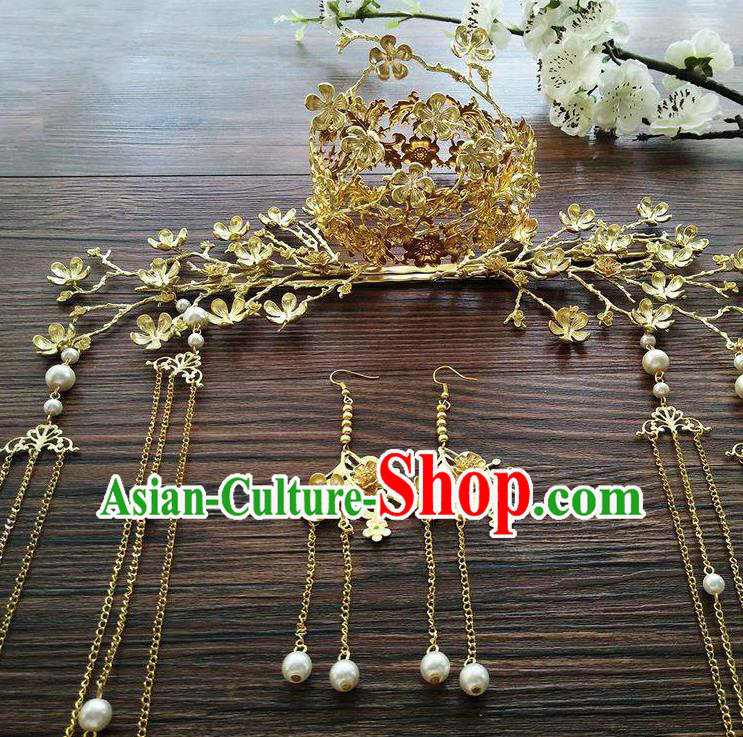 Ancient Chinese Handmade Classical Hair Accessories Golden Phoenix Coronet Hairpins Complete Set for Women