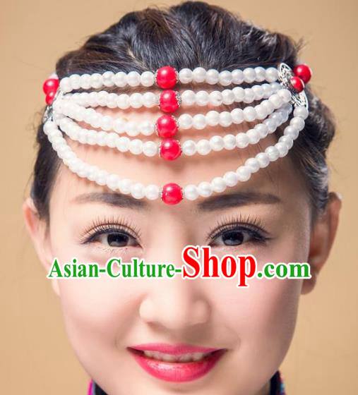 Traditional Chinese Mongol Nationality Handmade Hair Accessories, Handmade Mongolian Minority Red Beads Headwear for Women