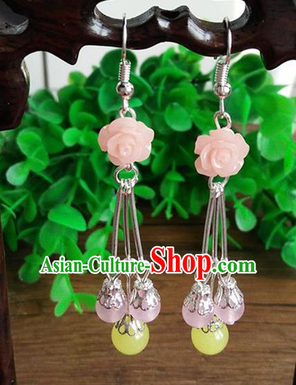 Top Grade Chinese Handmade Accessories Eardrop Wedding Hanfu Pink Rose Earrings for Women