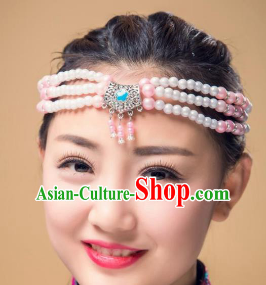 Traditional Chinese Mongol Nationality Handmade Hair Accessories, Mongolian Minority Pink Beads Headwear for Women