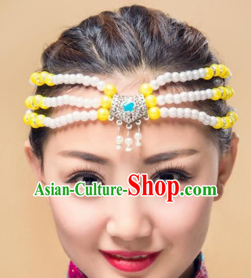 Traditional Chinese Mongol Nationality Handmade Hair Accessories, Mongolian Minority Yellow Beads Headwear for Women