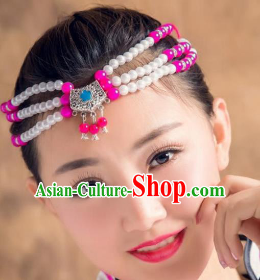 Traditional Chinese Mongol Nationality Handmade Hair Accessories, Mongolian Minority Rosy Beads Headwear for Women