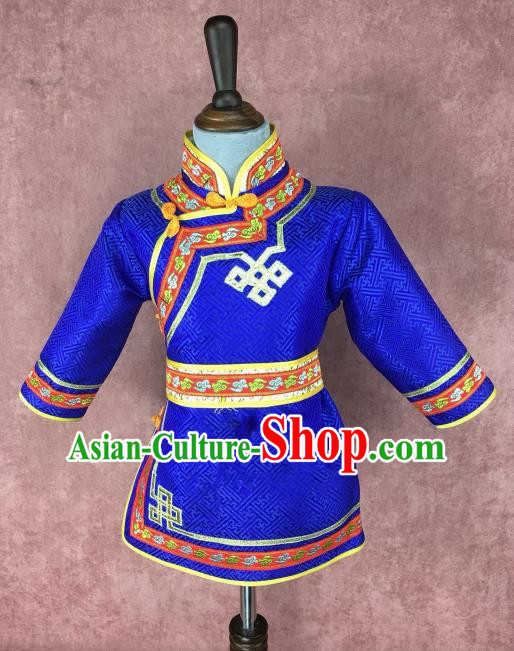 Traditional Chinese Mongol Nationality Costume Children Royalblue Mongolian Robe, Mongolian Folk Dance Clothing for Kids