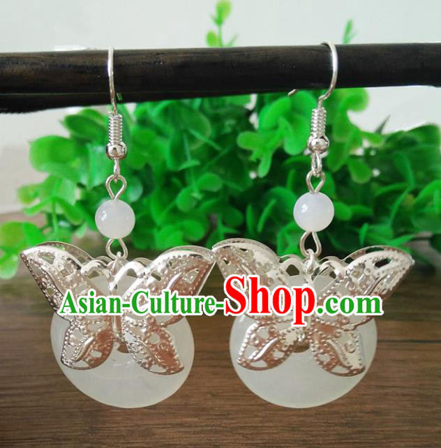 Top Grade Chinese Handmade Accessories Butterfly Eardrop Hanfu White Jade Earrings for Women