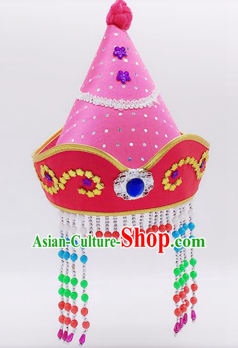 Traditional Chinese Mongol Nationality Princess Hair Accessories, Mongolian Minority Pink Hats for Kids