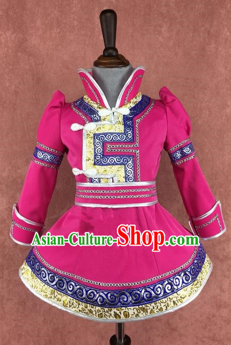 Traditional Chinese Mongol Nationality Costume Children Rosy Dress, Mongolian Folk Dance Clothing for Kids