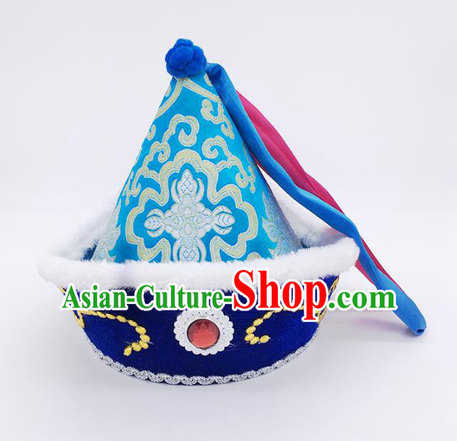 Traditional Chinese Mongol Nationality Prince Hat, Mongolian Minority Royalblue Hats for Kids