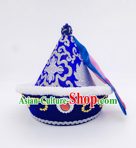 Traditional Chinese Mongol Nationality Prince Hat, Mongolian Minority Blue Hats for Kids