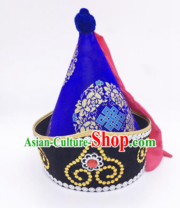 Traditional Chinese Mongol Nationality Prince Royalblue Hat, Mongolian Minority Dance Hats for Men