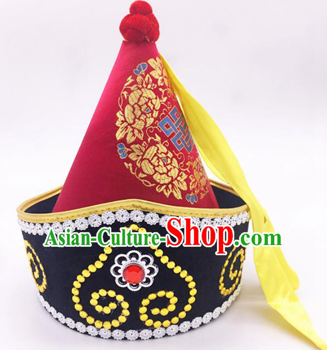 Traditional Chinese Mongol Nationality Prince Red Hat, Mongolian Minority Dance Hats for Men