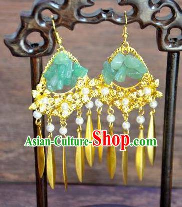 Top Grade Chinese Handmade Accessories Hanfu Jade Eardrop Golden Tassel Earrings for Women